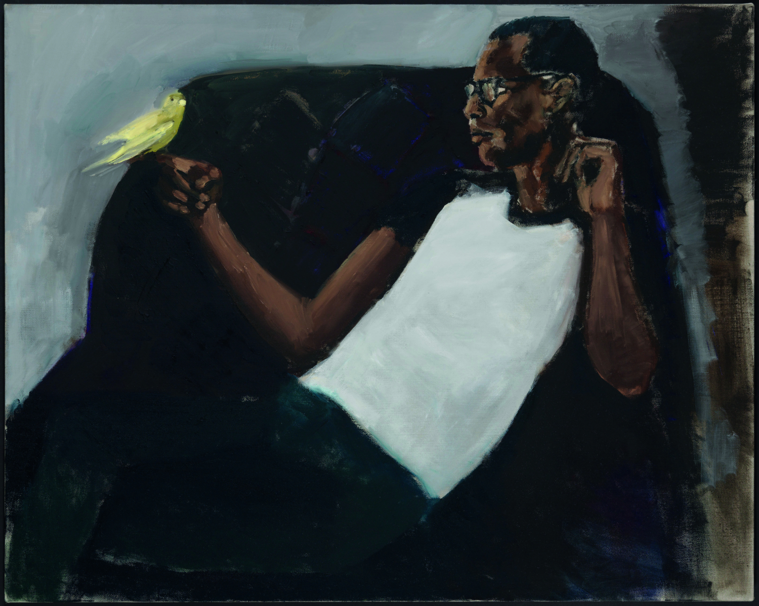 A painting by Lynette Yiadom-Boakye, representing a man lying on a sofa holding a yellow bird in his hand.