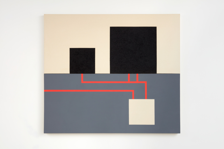 Peter Halley, "Two Cells with Conduit and Underground Chamber", 1983. Acrylic, fluorescent acrylic, and Roll-a-tex on unprimed canvas. Two attached panels. Collection B.Z. and Michael Schwartz, New York © Photo: Robert Glowacki